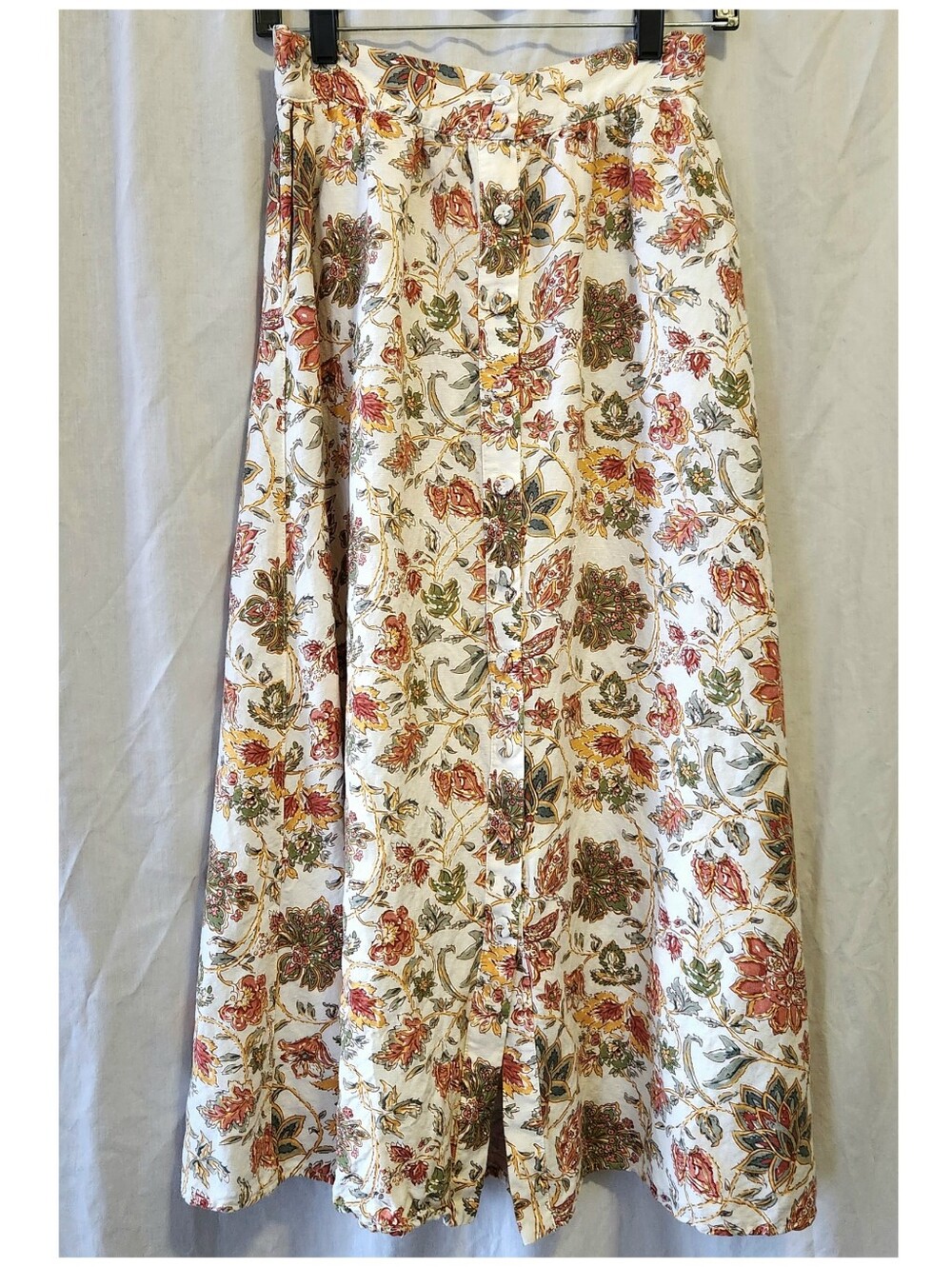 Floral Linen Blend Button Front Midi Skirt in Ivory and Autumn Floral Size XS